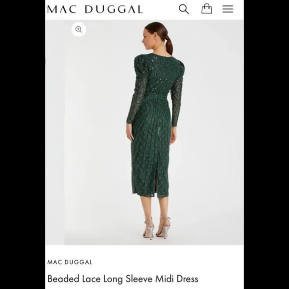 Mac Duggal Long Sleeve Beaded Lace Sequin Green Midi Cocktail Dress Sz 4 NWT - Picture 6 of 16